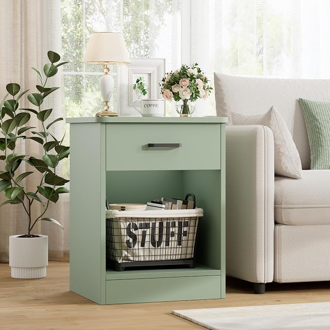 FOTOSOK Nightstand Set of 2, 2-Tier Side Table with Drawer and Storage Shelf, Bedside Table End Table, Modern Night Stand for Bedroom, Home Office, Green - Image 5