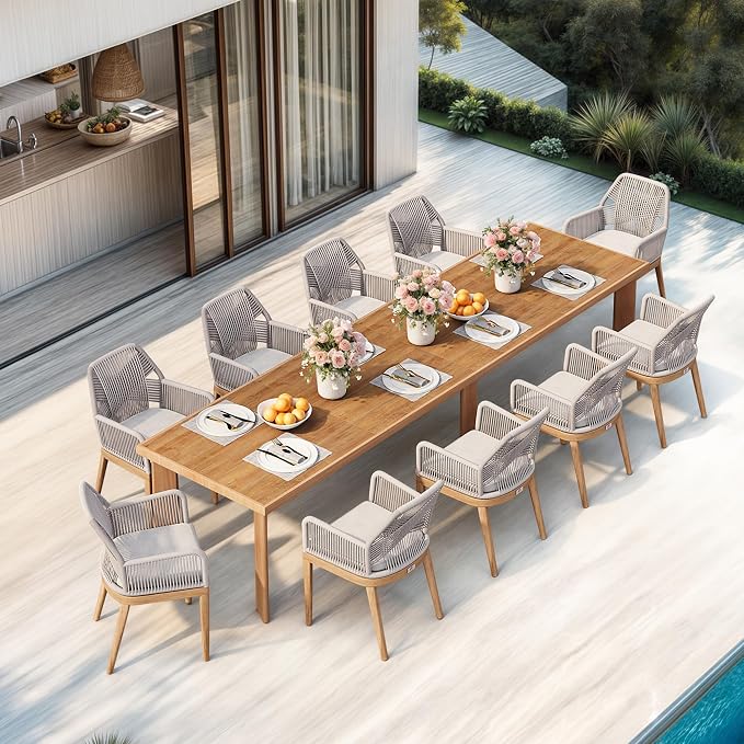 PURPLE LEAF 11 Pieces Patio Dining Set Aluminum Modern Rectangular Table and Rattan Arm Chairs with Cushions for Kitchen Porch Garden Outdoor Furniture Sets, Teak by PURPLELEAF