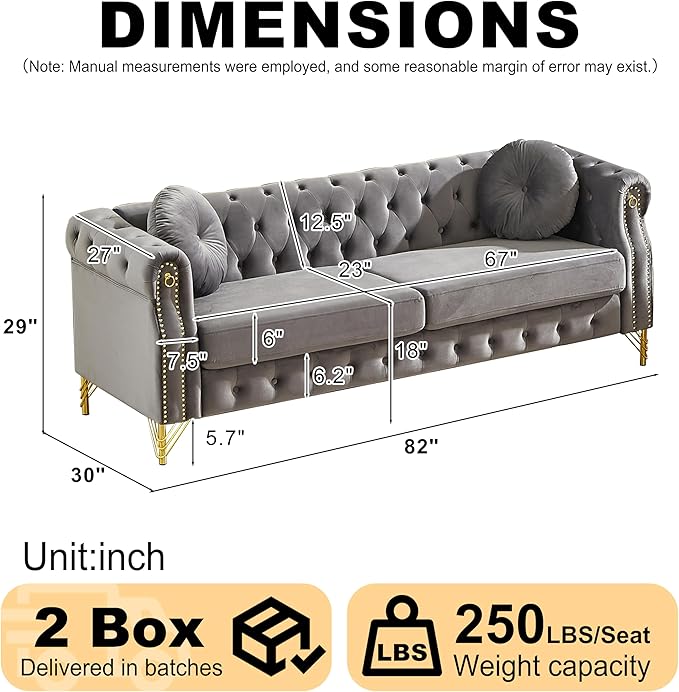 ERYE 82-Inch Button Tufted Sofa Couch with 2 Round Pillows, 3 Seat Velvet Tufted Sofa Spacious Chesterfield Loveseat Couches W/Nailhead Decor,Ring Accent & Golden Legs