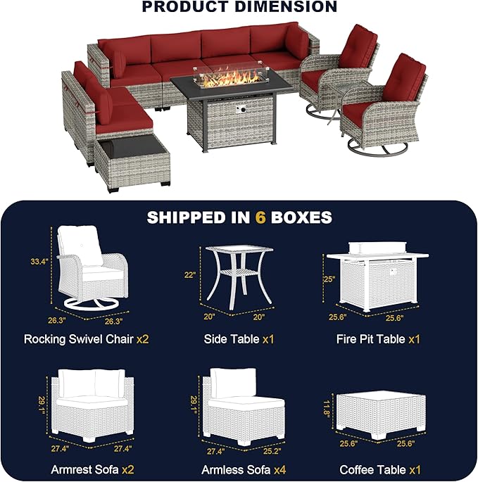 11-Piece Outdoor Patio Furniture Set with Rocking Swivel Chair, Wicker Rattan Sectional Sofa Conversation Set with 55,000 BTU Fire Pit Table, Backyard Furniture, Red