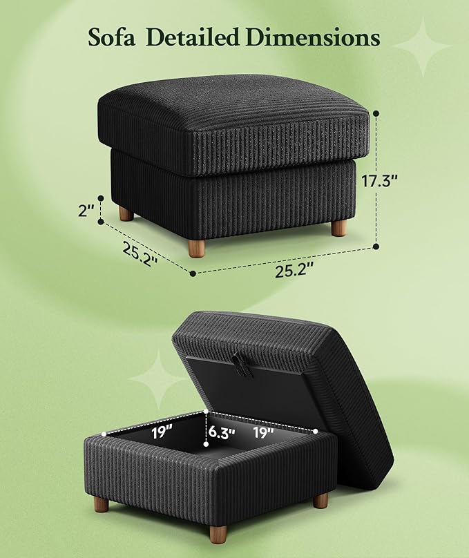 25.2" Couches for Living Room, Comfy Black Ottoman with Storage, Foot Rest Tool-Free Setup, Small Ottoman Foot Rest for Couch, Corduroy Couch for Bedroom, Apartment, Office