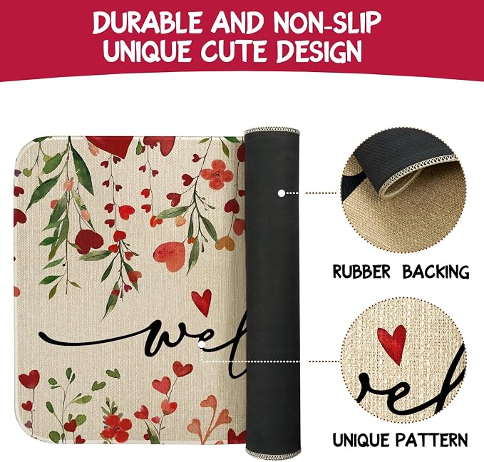 Faptoena Valentines Door Mat,Valentines Red Love Heart Floral Indoor Outdoor Non-Slip Doormat,Entryway Front Porch Valentine's Welcome Mat for Entrance Decor 30" x 17" - Image 7