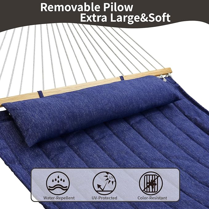 Double Quilted Fabric Hammock with Hardwood Spreader Bars and Pillow 450 LBS Capacity 2 Person Large Hammock for Outdoor Patio Backyard Poolside - Dark Blue - Image 5