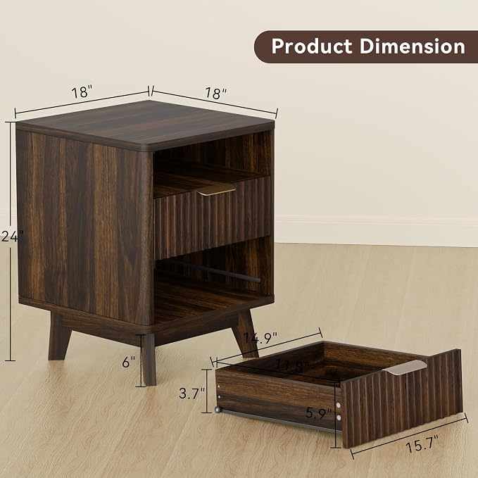 Fluted Nightstand with 2 Drawers, 18" Modern Night Stand with Faux Marble Top, Open Storage Shelf, Curved Edge Bedside Table for Bedroom, End Side Table (2, Walnut) - Image 3