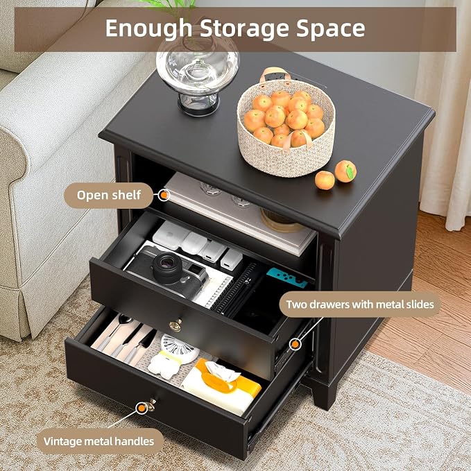 24" Wide Solid Wood Nightstand with Charging Station Set of 2, Farmhouse End Table with 2 Large Drawers & Open Shelf, Bedside Table with USB Ports and Outlets, Night Stand for Bedroom - Image 6