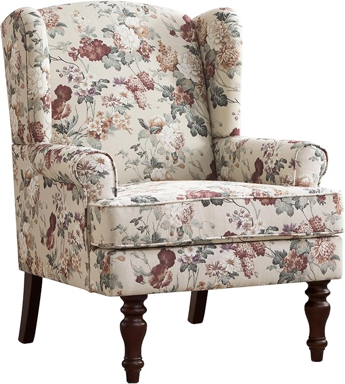 HUIMO Printed Wingback Accent Chair, Linen Upholstered High Back Armchair, Comfy Reading Chair for Living Room Bedroom Study, 300lbs Weight Capacity (1, Red Floral)