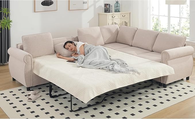 Ball & Cast 104" Sleeper Sofa Bed, L Shaped 6 Seater Sectional Sofa Couch with Pull Out Bed, 2 in 1 Pull Out Couch for Living Room, Office, Apartment,Beige