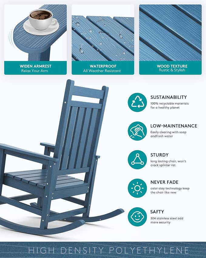 SERWALL Oversized Rocking Chair, Outdoor Rocking Chair for Adults, All Weather Resistant Porch Rocker for Lawn Garden, Blue - Image 4