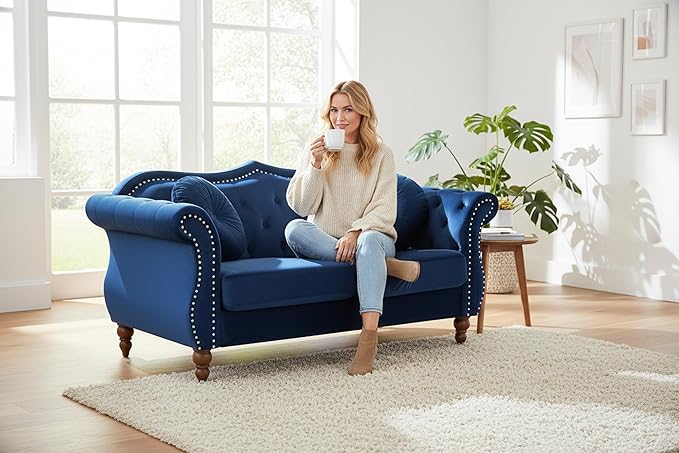 Anna1 Chesterfield Velvet Couches for Living Room, Button Tufted Luxury Upholstery with Rolled Arms, High-Density Foam, Durable Wood Frame, 65.5" Loveseat, Blue