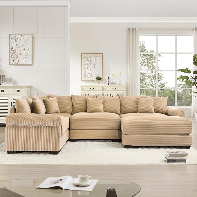 KEIKI 117" U-Shaped Oversized Corduroy Modular Cloud Sectional Sofa with 1 Ottoman, High-Density Foam Cushion, Extra-Thick Armrest, 4-Seater Fluffy Corner Couch with 14 Pillow, for Living Room, Camel