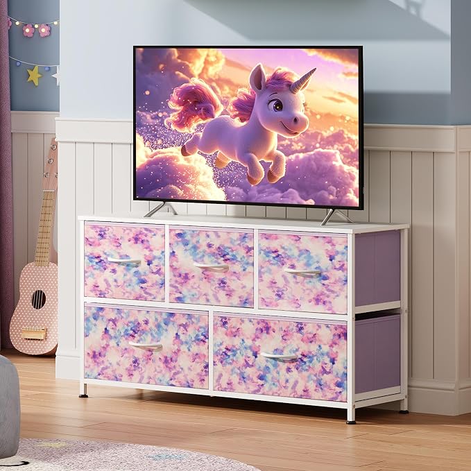 WLIVE Dresser for Bedroom with 5 Drawers, Wide Chest of Drawers, Fabric Dresser, Storage Organizer Unit with Fabric Bins for Closet, Living Room, Hallway, Tie-dye Print (Pink, Purple, Blue) - Image 2