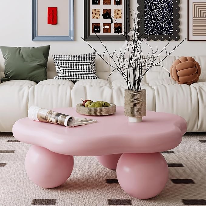35" Cloud Coffee Table with 3 Ball Legs, Modern Minimalist Petal Center Table for Living Room, Low Cute Small MDF Tea Table for Bedroom, Small Space Apartment-Pink