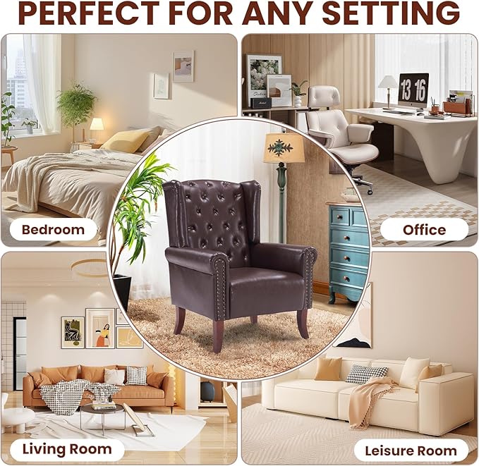 PU Leather Accent Chair Modern Wingback Armchair Club Sofa Chair High Back Living Room Chair for Bedroom, Office, Lounge (Caramel)