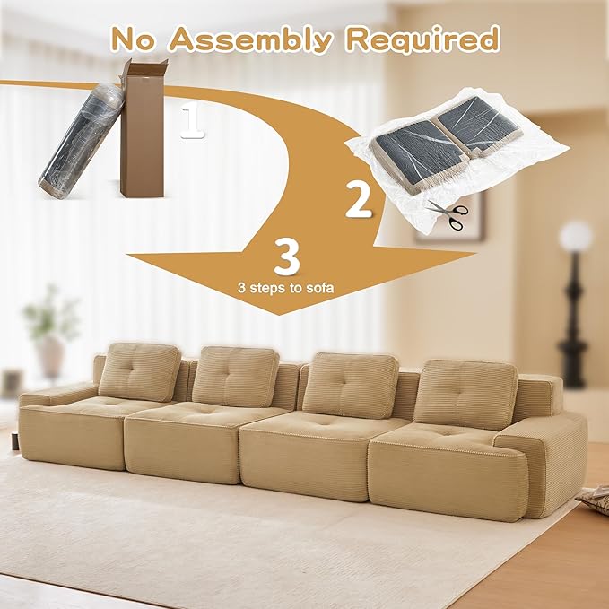 Casaphoria 150'' Camel Corduroy Cloud Couch, 4-Seater Boneless Sectional Sofa with 4 Pillows for Living Room, Deep Seat Sofa, No Assembly Required