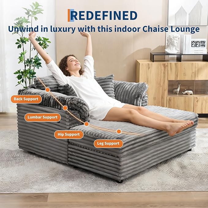 Oversized Chaise Lounge Chair59 * 54 Inch Indoor Comfy Corduroy Cloud Sleeper Couch Upholstered Sofa Bed with USB Port Throw Pillows Supportive Armrests for Living Room