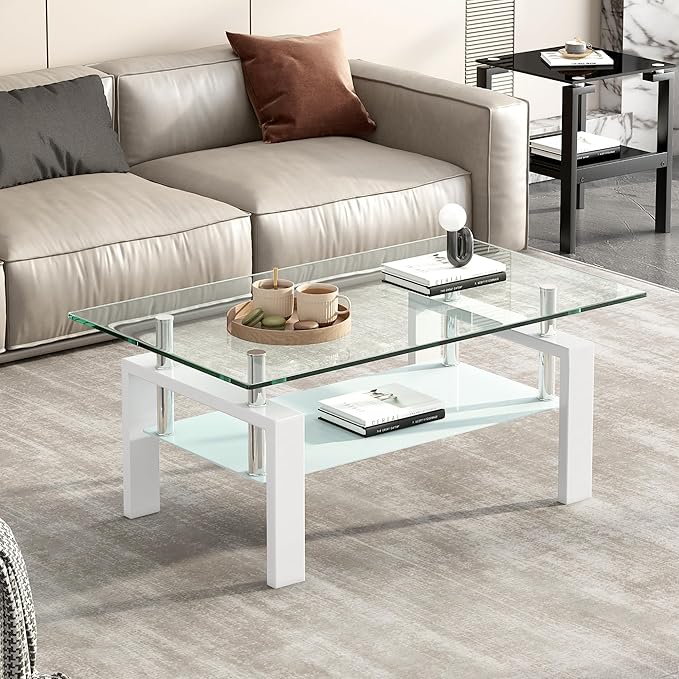 Tempered Glass Coffee Table with Metal Legs Modern Small Coffee Tables for Livingroom (White)
