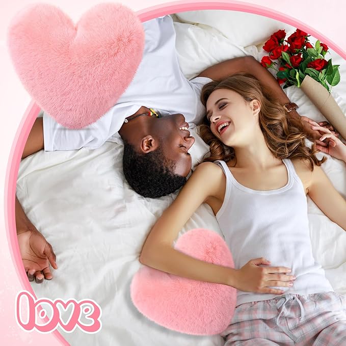 Marsui 2 Pcs Heart Throw Pillows, Soft Fluffy Faux Fur Decorative Hearts Shaped Pillows for Living Room Sofa Bed, Cute Heart Themed Gift for Women(Shrimp Pink,11.81 x 11.02 Inch)