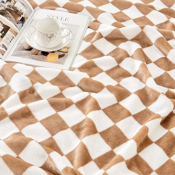 Edenleaf Checkered Blanket Flannel Throw Blankets Soft Cozy Checkered Grid Print Chessboard Gingham Pattern Throws for Bed Sofa Couch for All Seasons, 50x60 Inch, Blonde
