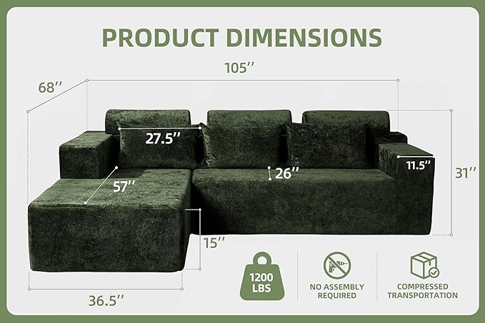 Homguava Modular Sectional Couches for Living Room,105" Cloud Couch with L-Shape Chaise,Comfy Sofa Living Room Couch with Deep Seat,No Assembly L Couch,Luxury Distressed Velvet(Green,L)