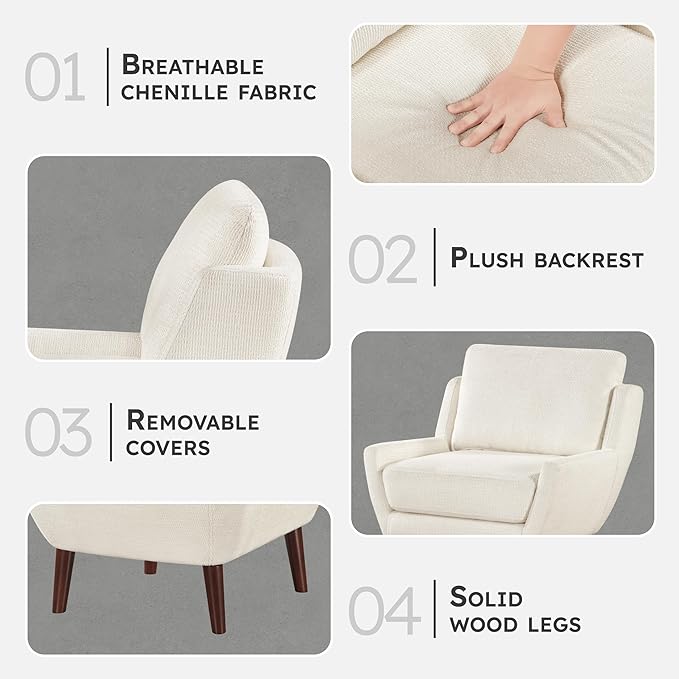Lexicon Modern Wingback Accent Chair, Chenille Fabric Upholstered Lounge Reading Arm Chair, Solid Wood Legs for Living Room, Bedroom, Supportive Padded Pocket Coil Seat, Easy Assembly, Beige
