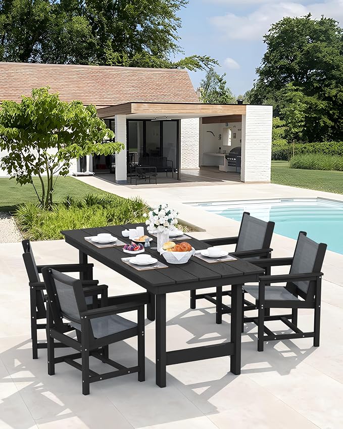 SERWALL 5 Piece Patio Dining Sets, Outdoor HDPE Dining Furniture Set with Umbrella Hole Cut-Out Table and 4 Woven Chairs, Gray - Image 7