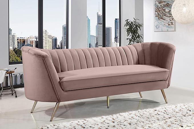 Meridian Furniture Margo Collection Modern | Contemporary Velvet Upholstered Sofa with Deep Channel Tufting and Rich Gold Stainless Steel Legs, Pink, 88" W x 30" D x 33" H