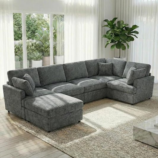 ERYE 122-Inch Modern Corner Modular Sectional Sofa Couches with Ottoman and 4 Toss Pillows, Comfy Chenille Upholstered U-Shaped Sofa Convertible L-Shaped Symmetrical Couch