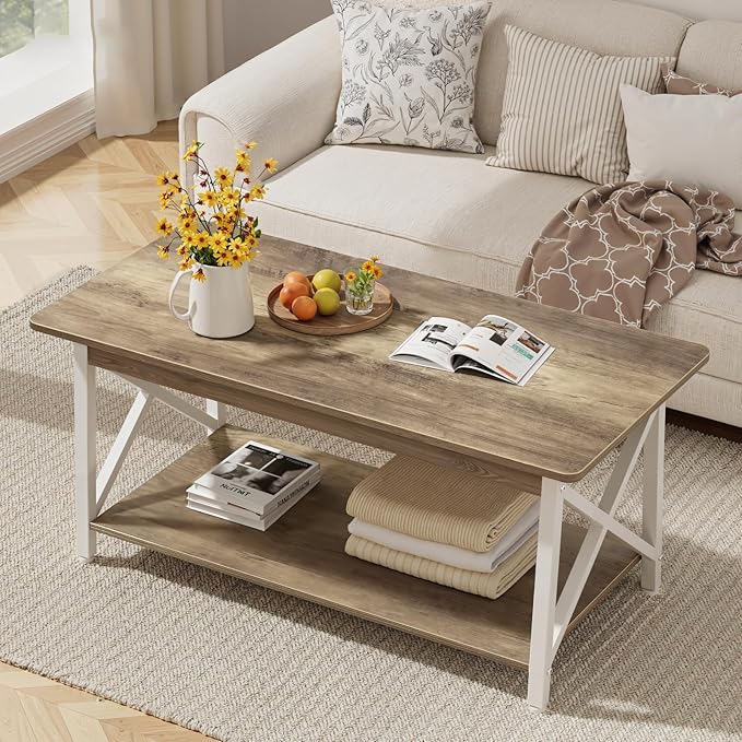 GreenForest Coffee Table with Round Corner, 39.4'' Modern Living Room Table with 2 Tier Storage Shelves, Rustic Industrial Sturdy Center Table Space Saving Easy Assembly, White Gray Wash