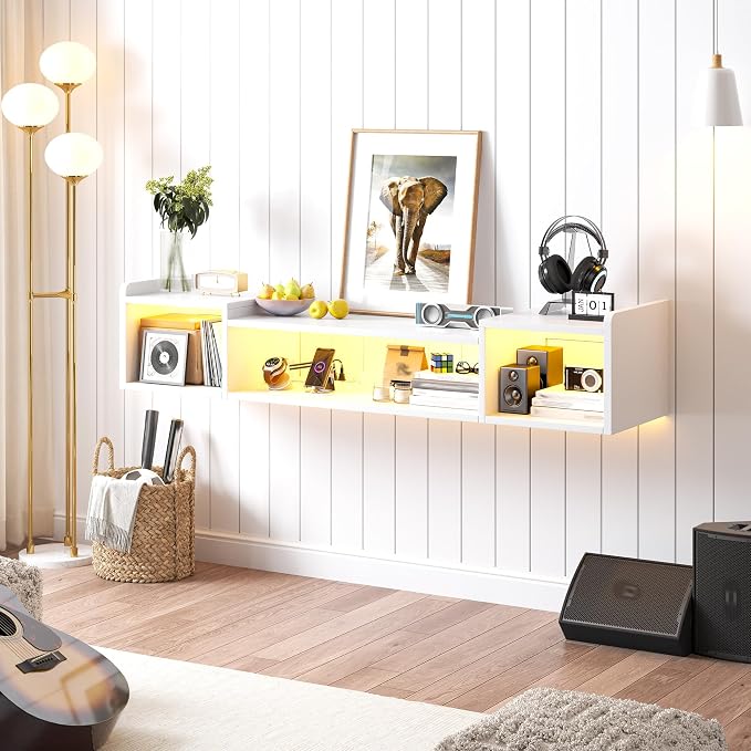 55.1"W Floating TV Stand with LED Lights & Power Outlets for 50 55 60 65 Inch TV Wall Mounted Entertainment Center with Storage for Living Room Wood Media Console Shelf White TV Shelf Wood for Bedroom - Image 8