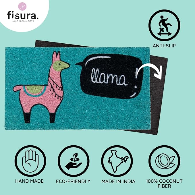 Fisura – Original Coconut Fiber Doormat with Non-Slip PVC Base. Hand-Painted Entrance Mat in Blue and Llama Design. Size 30 x 18 in, Perfect for Doors, Home Décor, and Gifts. - Image 3