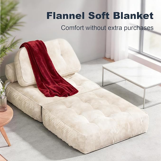 Folding Sofa Bed, Flannel Futon Couch Bed with Pillow and Blanket, Convertible Sleeper Chair for Living Room Bedroom, White