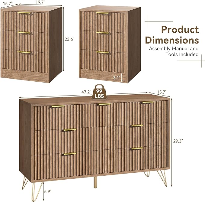 7 Drawer Dresser and Nightstand Sets for Bedroom, 3 Pcs Fluted Bedroom Set，3 Drawer Night Stand Set of 2 & 7 Drawer Dresser with Golden Handles, Wood Chest of Drawers Cabinet Set, Natural Oak