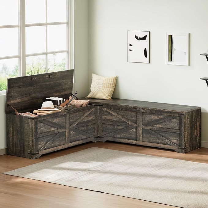 DWVO L-Shaped Storage Bench, 18" High Corner Dining Bench with Safety Hinges, Wooden Nook Chest for Living Room, Bedroom - Image 8