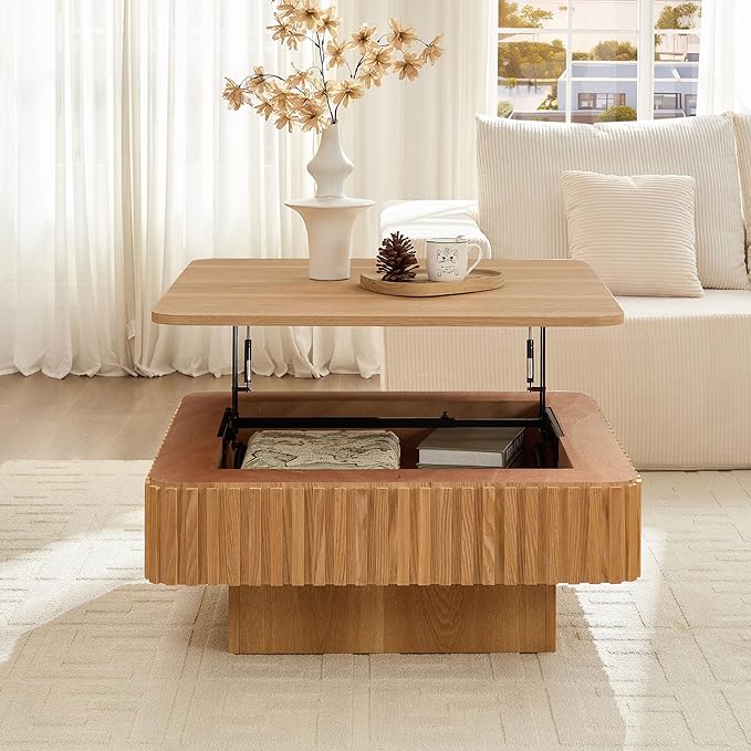 WILLIAMSPACE 35.43" Lift Top Coffee Table with Hidden Storage & Sturdy Base, Modern Luxury Square Wood Handcraft Drum Center Table Accent End Tea Table for Living Room, Minimalist Fluted Design, Oak