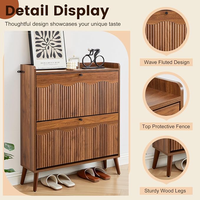 BERRYMERRY 31.5" Fluted Shoe Storage Cabinet with 2 Flip Drawers, Narrow Shoe Storage Organizer Rack with Wave Door for Entryway, Hallway, Living Room - Image 4