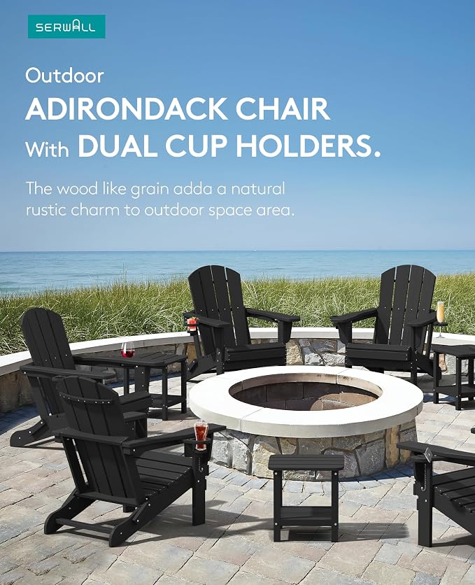 SERWALL HDPE Folding Adirondack Chair with Dual Cup Holder - Composite Adirondack Chair - Black - Image 6