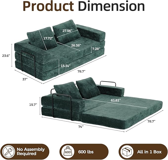 Convertible Sofa Bed, 4-in-1 DIY Combination Modular Couch with Pillows, Comfy Boneless Sleeper Sofa Bed with Fixed-Shape Frame, Chenille Convertible Lounge Couch for Living Room, Green