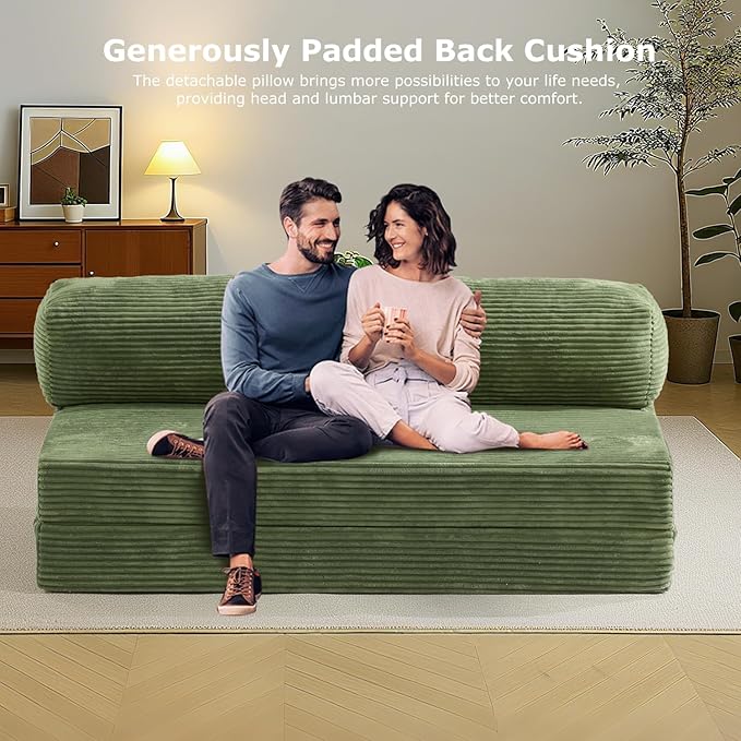 6-inch Folding Mattress Sofa Bed，Convertible Floor Bed & Sleeping Couch with Removable Corduroy Cover & Carry Handles, High-Density Foam (Green, Queen)