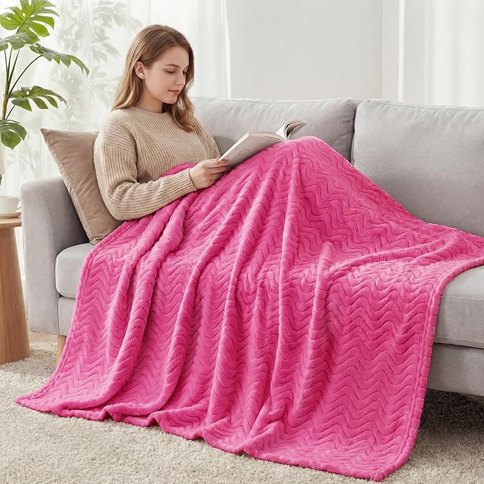 Exclusivo Mezcla Fleece Throw Blanket for Couch, Cozy Lightweight Blankets for All Season, Decorative Giftable Fuzzy Plush Wave Textured Throws for Women, Men, Hot Pink, 50x70 Inches