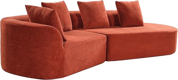 Merax 2-Piece 116" L-Shaped Modular Sectional Sofa Set, 4 Seat Fully Assembled Curved Upholstery Couch with High-Density Compressed Sponge, Chaise Lounge & 4 Pillows for Living Room, Orange