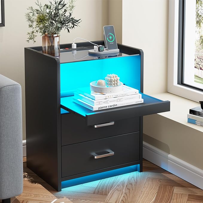 AOGLLATI LED Nightstands Set of 2 with Charging Station, Black Night Stand with 2 Drawers and Glass Top, Bedside Table with Pull-Out Shelf, Modern End Side Tables with USB Ports Outlets - Image 8