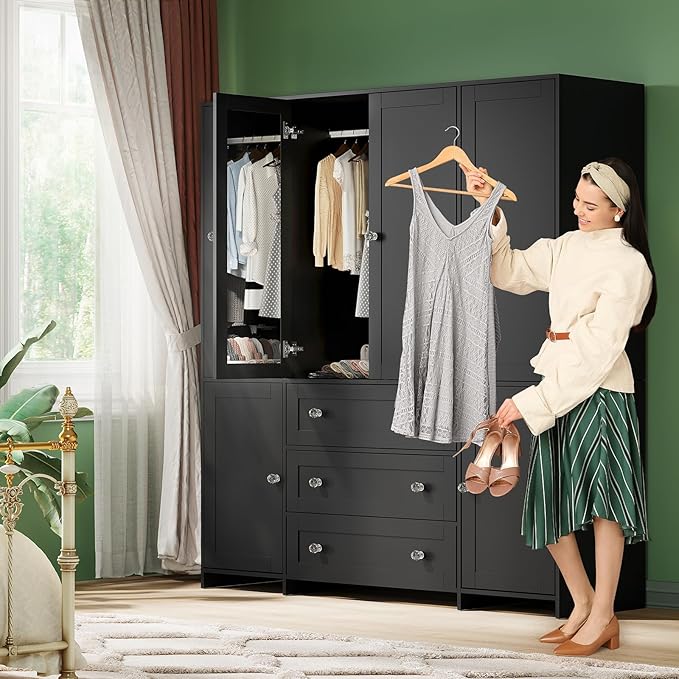 VOWNER Armoire Wardrobe Closet with Drawers and Mirror, 71" Clothing Storage Cabinet with Hanging Rod, 6 Doors Wooden Wardrobe Cabinet for Bedroom, Large Capacity Storage