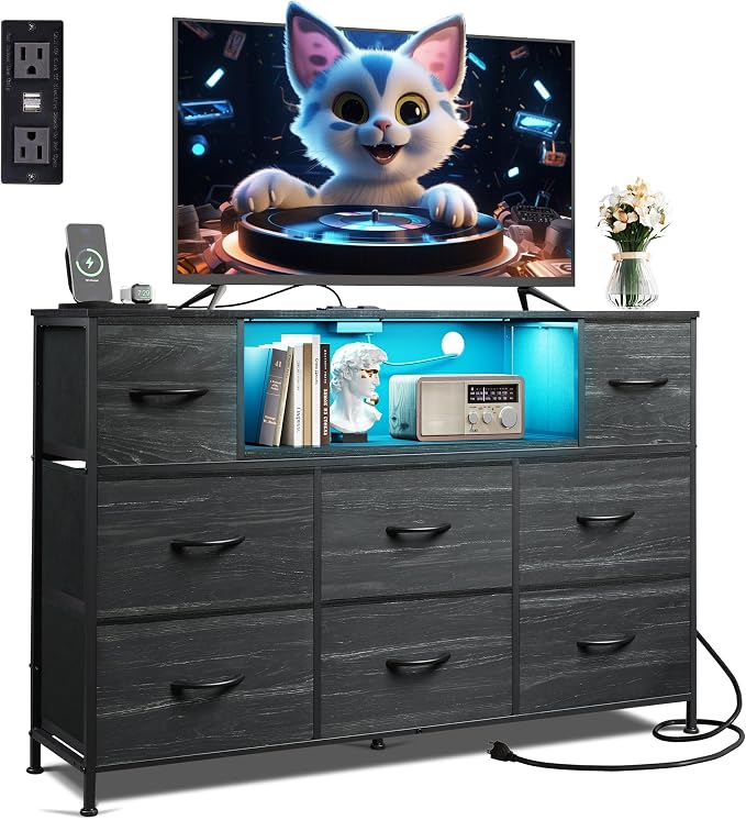 WLIVE Black Dresser TV Stand for 45, 50, 55 inch TV, Entertainment Center with LED Lights & Charging Station, Chest of Drawers with 8 Fabric Drawers and Open Shelves for Living Room, Hallway, Wood Top by WLIVE