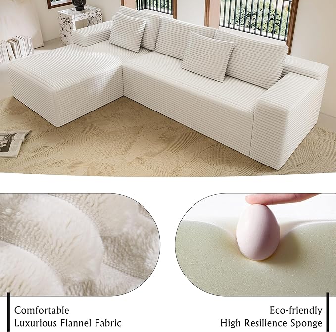 White sectional couches for Living Room Corduroy Couch，104" Cloud Sectional Couch with L-Shape Chaise， Modern Modular Sofa, Deep Seat Comfort, No Assembly Required(Plush Corduroy Fabric)
