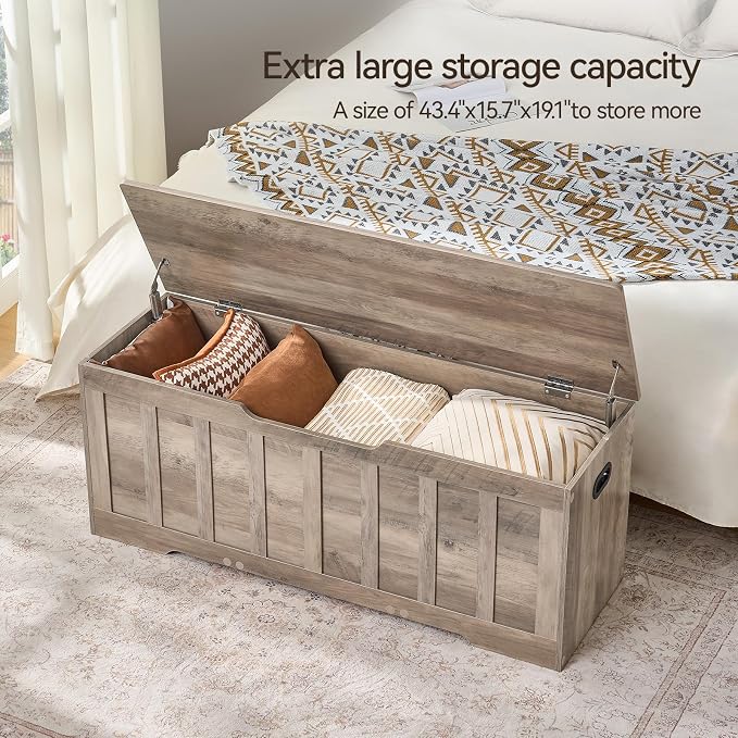 VANKILEY 47.2" Storage Chest Extra Large,Storage Trunk with 2 Safety Hinges,Wooden Storage Bench,Shoe Bench,47.2x15.7x19.1 Inch,Easy Assembly,Storage Bench for Bedroom,Living Room,entryway(Greige). - Image 5