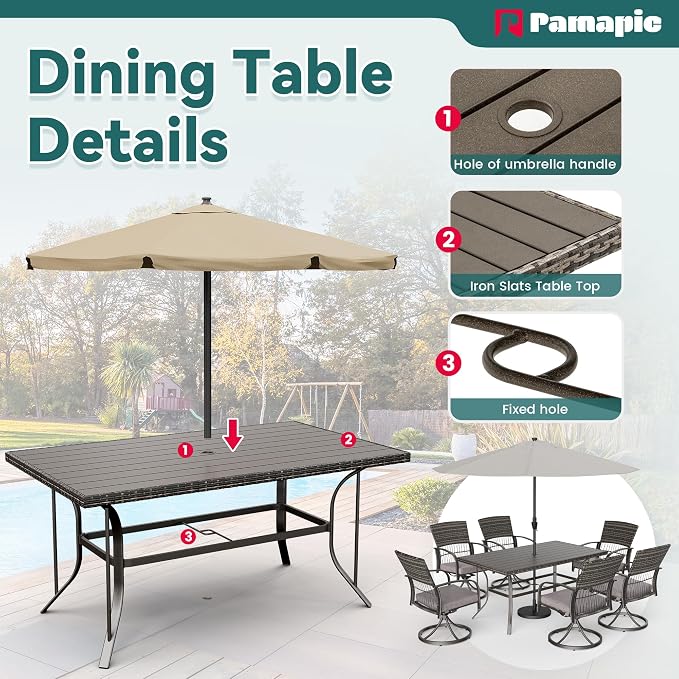 Pamapic 7 Piece Patio Dining Set for 6,Wicker Outdoor Furniture Set for Backyard Garden Deck Poolside with Iron Slats Table Top (Grey, 7 PCS Swivel Dining Set) - Image 4