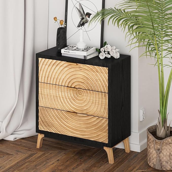 3-Drawer Farmhouse Dresser with Handcrafted Wood Ring Motif, Black Nightstand for Bedroom, Fully-Assembled, Rustic and Morden - Image 9