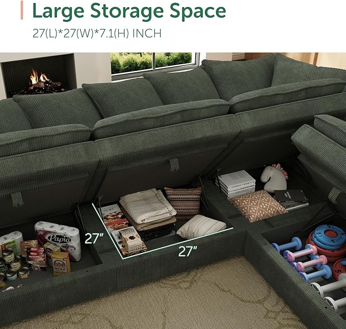 HONBAY Modular Sectional Sofa, 6 Seaters Corduroy Sectional Couch, L Shaped Couch with Storage & Pillows, Green