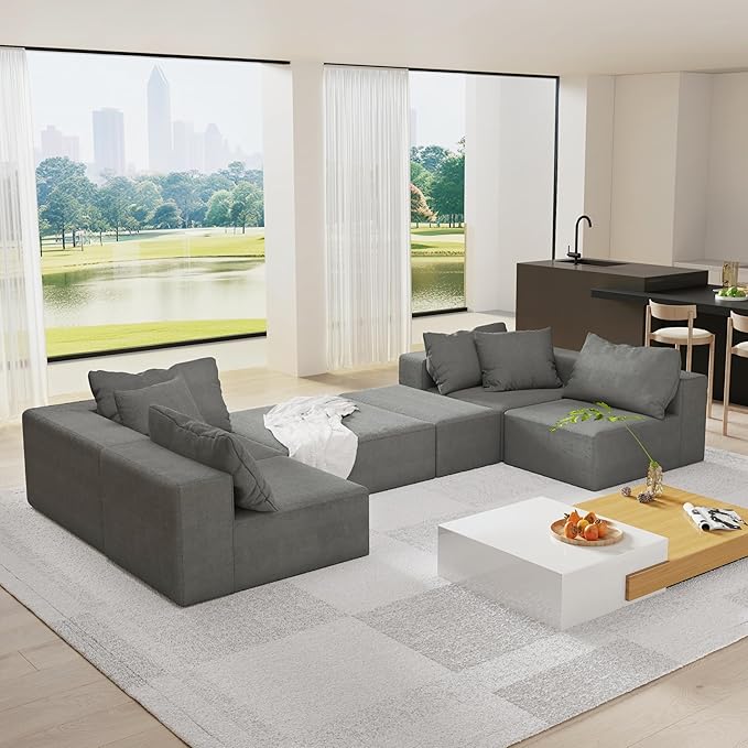 KEIKI Sectional Sofa Couch Set, Modular 132" L Shaped Couch Set with 6 Pillows, Free Combination Upholstered Sofa Couch for Living Room, Bedroom, Grey