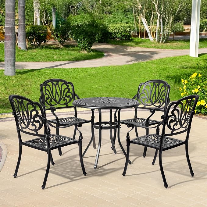 VINGLI Patio Chairs Set of 4 - Stackable Outdoor Cast Aluminum Dining Chairs with Vintage Black Finish and Floral Pattern, Metal Armchairs for Poolside, Backyard, Balcony (No Cushion) - Image 2